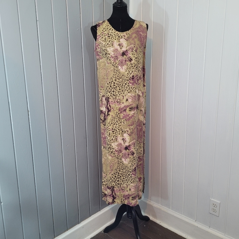 VTG 90s R.A.E. Womens Sz M Linen Maxi Dress Floral &  Leopard Print Side Slits